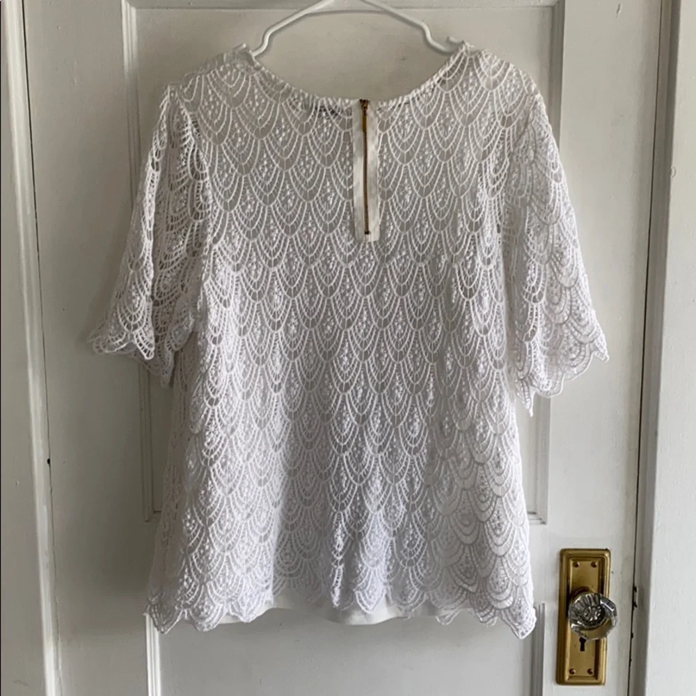 Dress Barn XL white eyelet design oversized short sleeve top neutral coastal